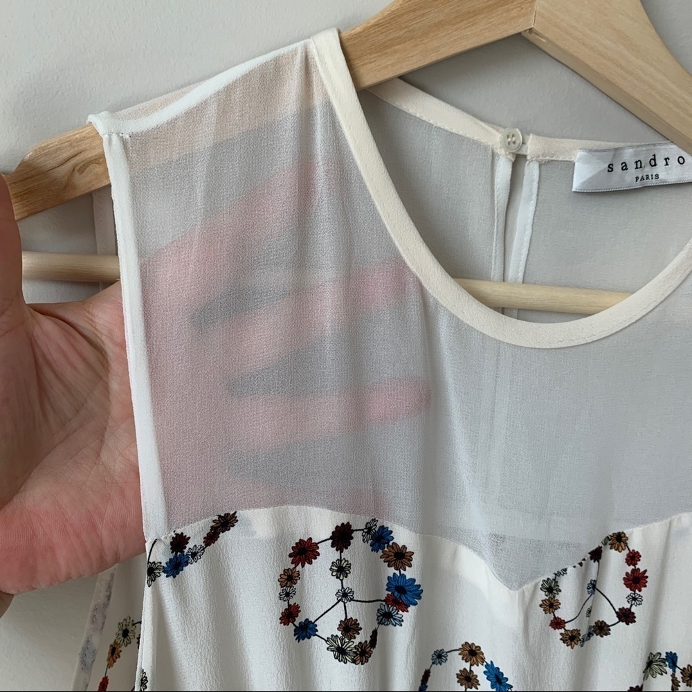 Sandro Paris 100% Silk Sleeveless Dress Floral Off White Mini Sheer Women's Sz 6 - Picture 4 of 13